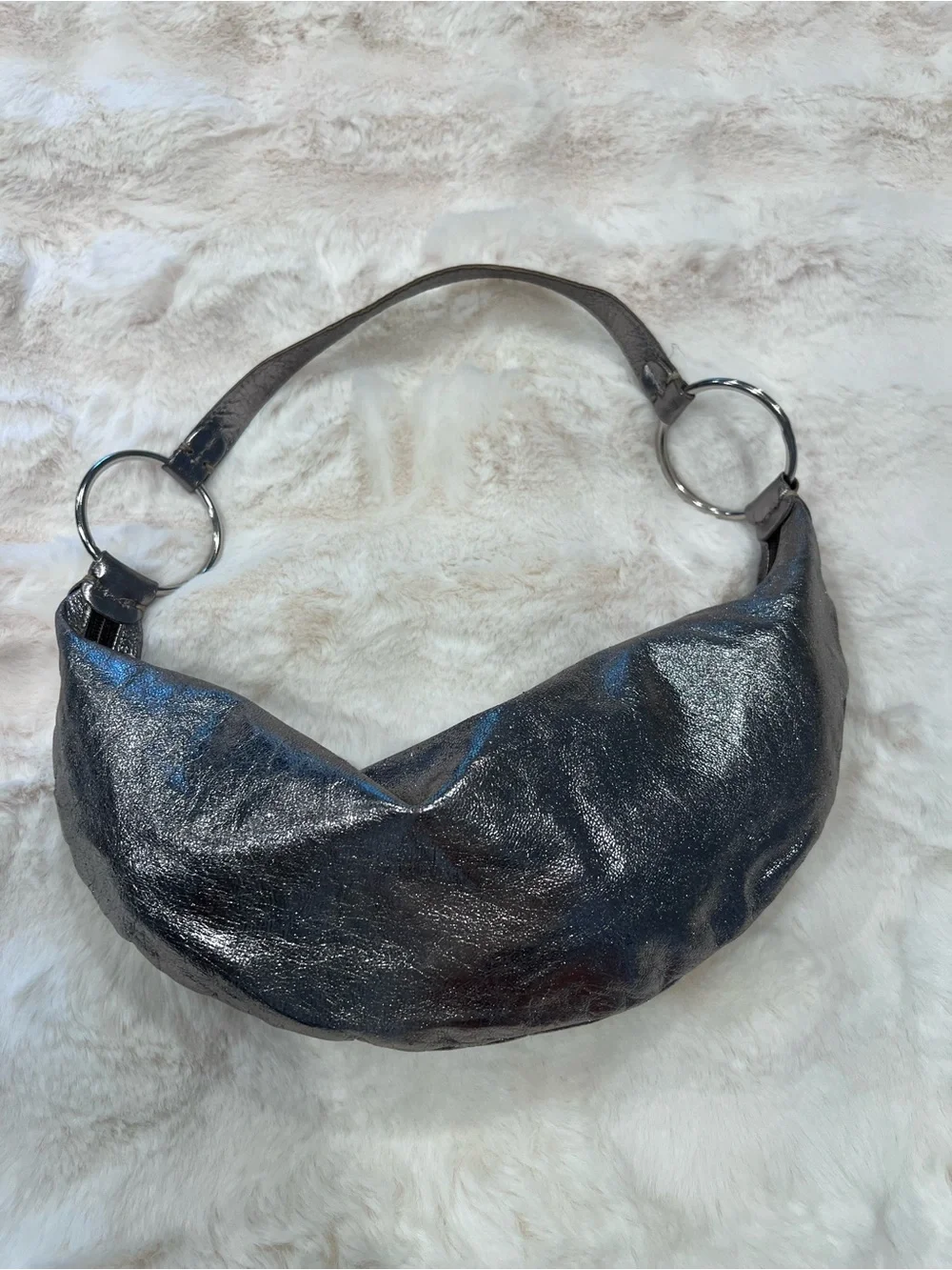 Tano Metallic Silver Crescent Small Shoulder Bag